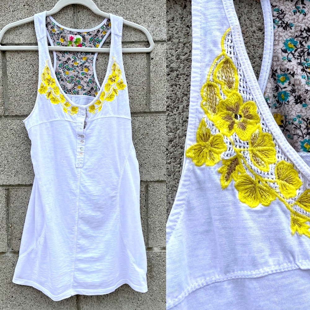 FREE PEOPLE Tank Dress flower embroidery shell buttons White